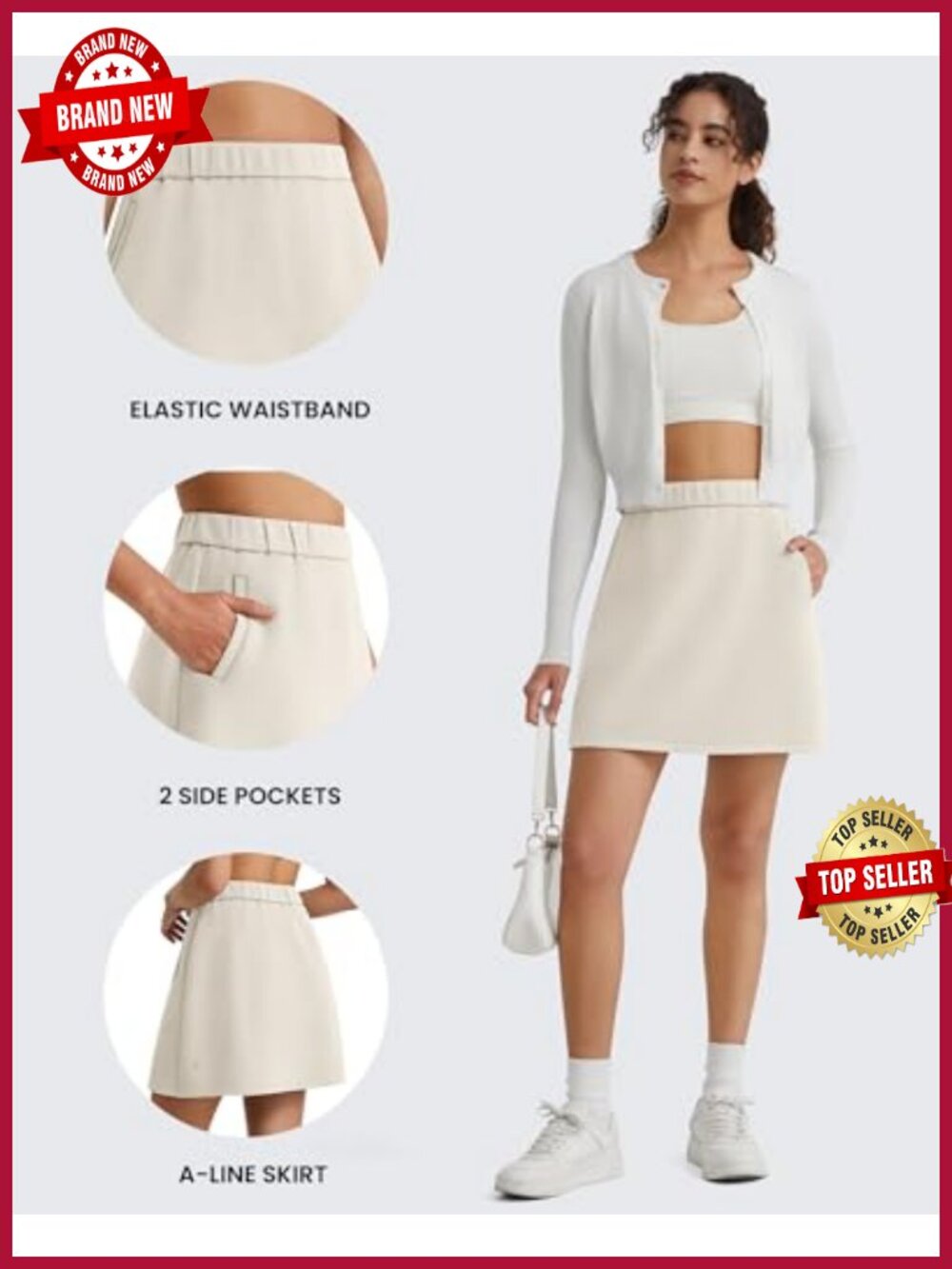 A-Line Skirt with Pockets, Elastic Waistband, 15" Length, High Stretch Modal - Picture 3 of 6